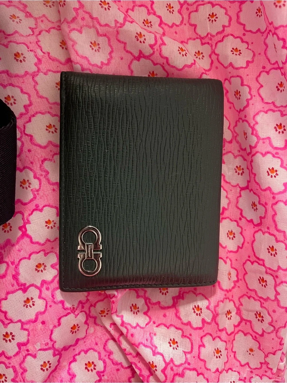 Salvatore Ferragamo Black Textured Leather Card Holder with Silver Gancini